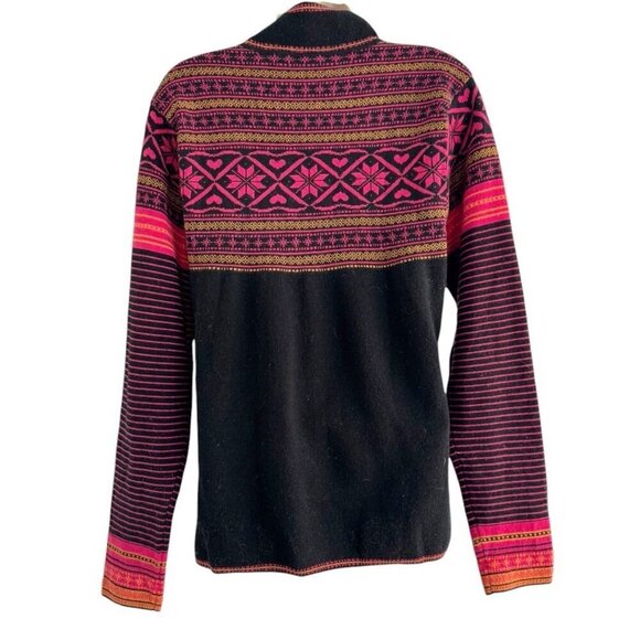 VTG Obermeyer Woman's Sz L Full Zip Black Pink Yellow Fair Isle Cardigan Sweater - Picture 3 of 11